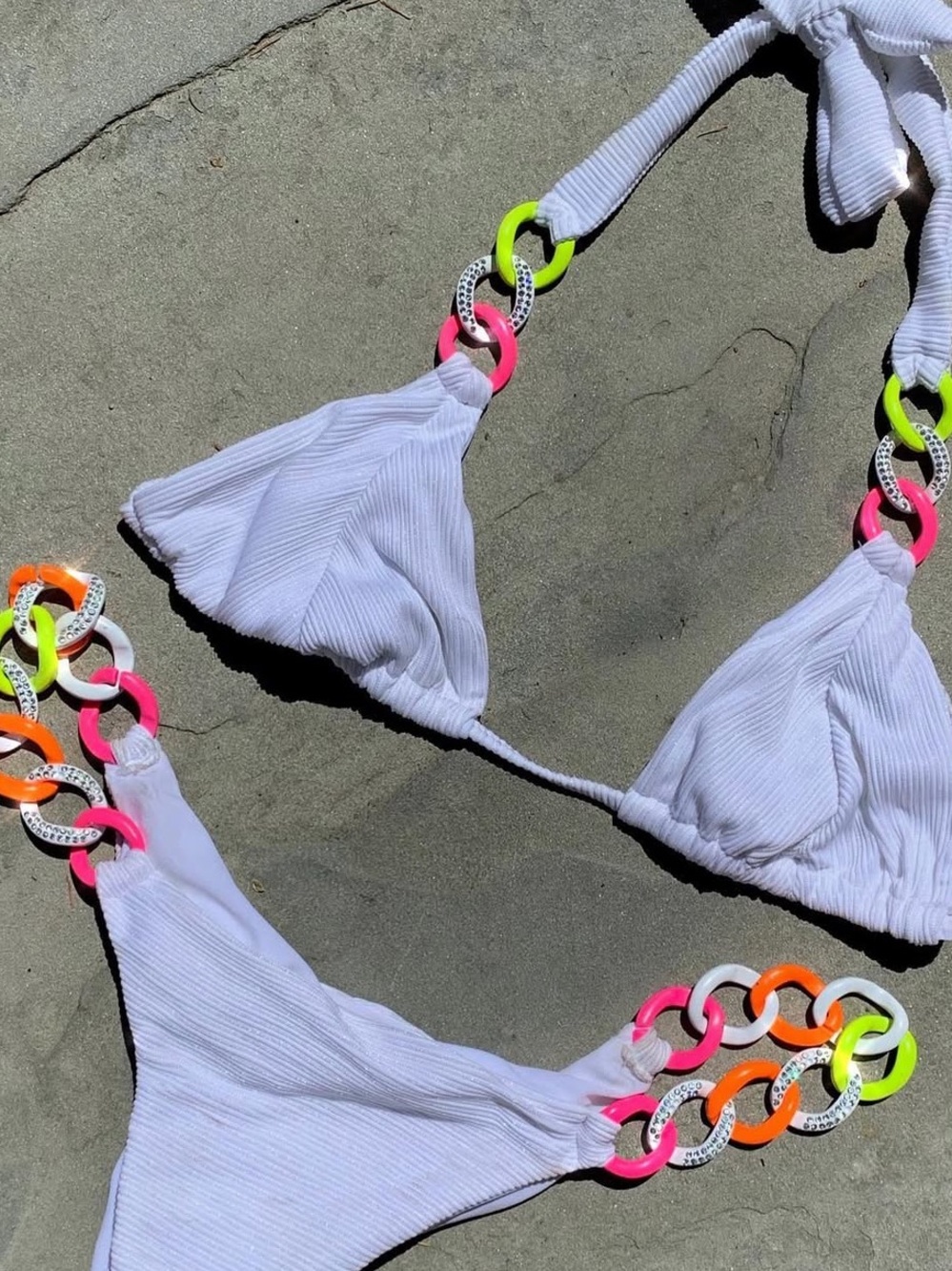 Beach Bunny White Triangle Bikini with Neon Chain Links
